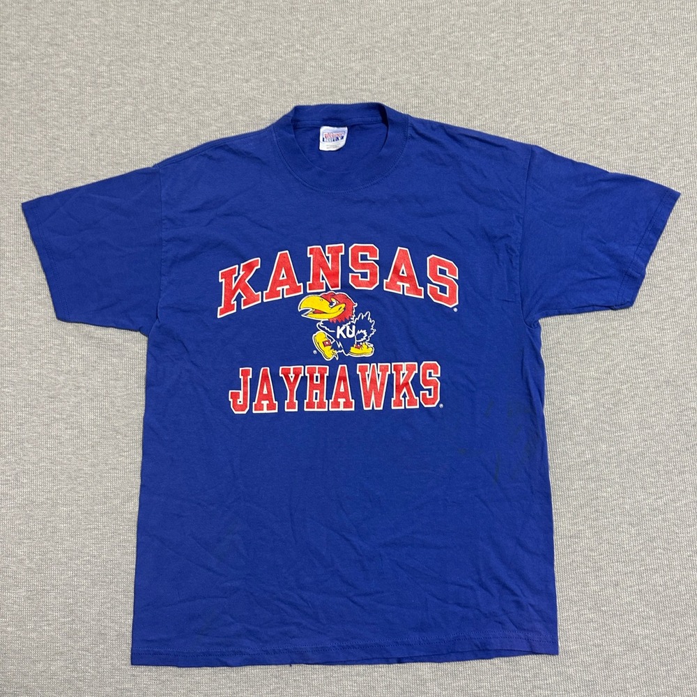 Vintage Hanes Beefy-T Kansas Jayhawks T-Shirt Blue NCAA Graphic Tee Mens Large